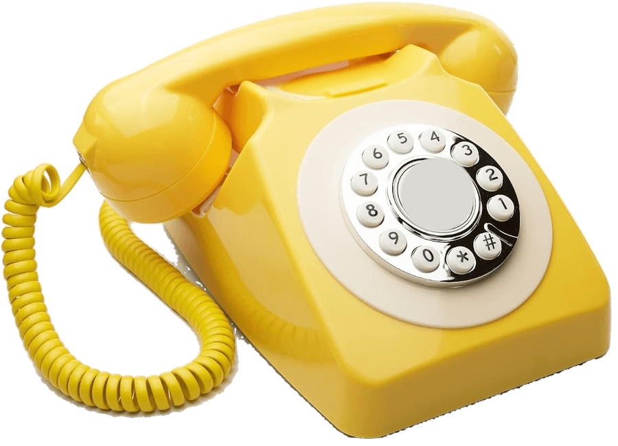 Geel retro audio guestbook met chromen drukknoppen en gekrulde kabel