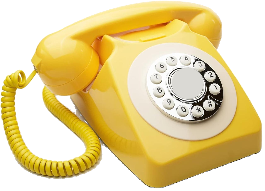 Geel retro audio guestbook met chromen drukknoppen en gekrulde kabel